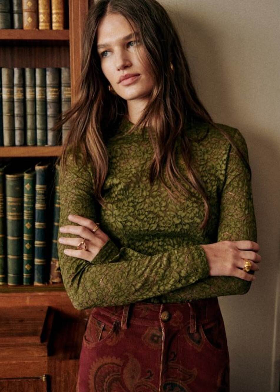Sezane Taori Blouse Khaki Lace - Size 6